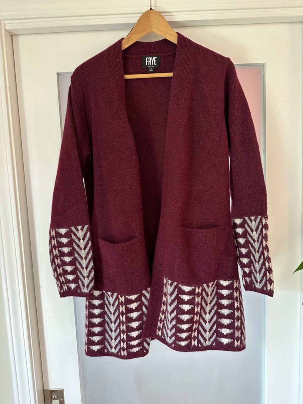 Frye Plum Open-Front Cardigan with Ivory Geometric Trim
